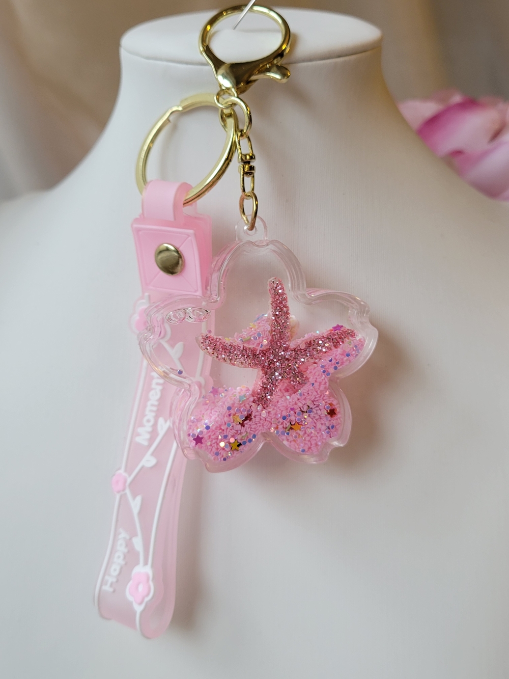 Pink Starfish Glitter Keychain & Card Holder